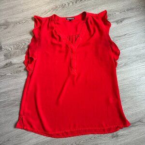 Vintage Express Short Sleeve V-Cut Blouse with Ruffle Sleeve - Red Medium